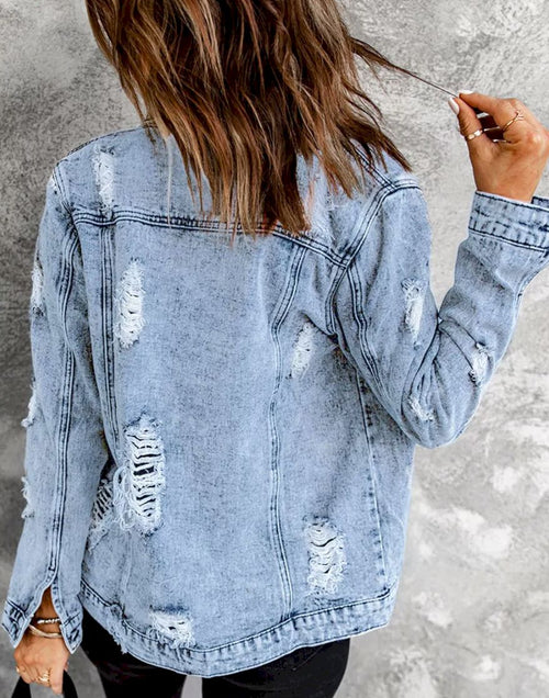 Load image into Gallery viewer, Distressed Buttons Washed Denim Jacket
