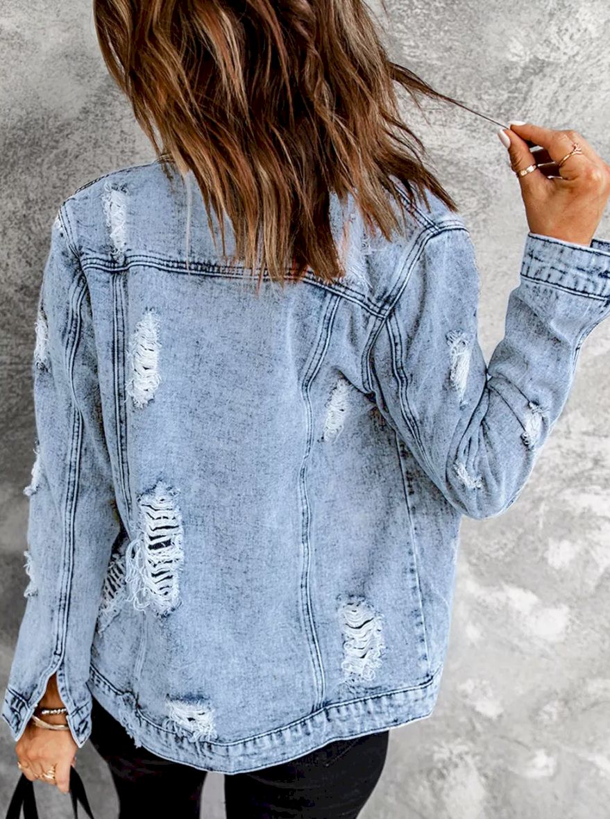 Distressed Buttons Washed Denim Jacket