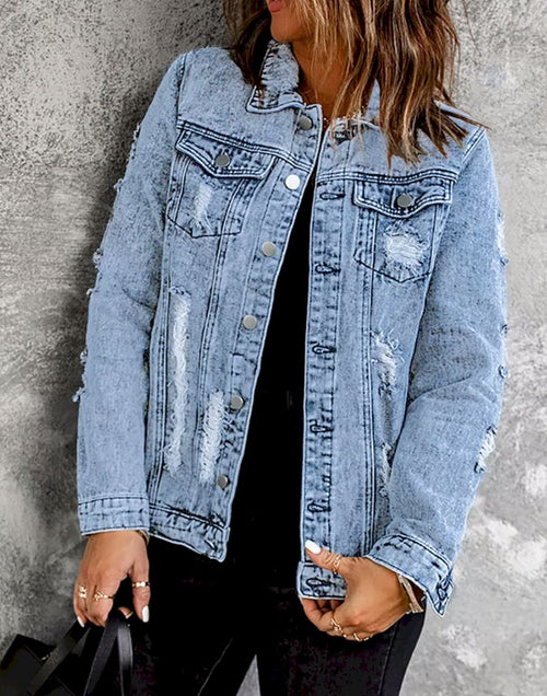 Load image into Gallery viewer, Distressed Buttons Washed Denim Jacket
