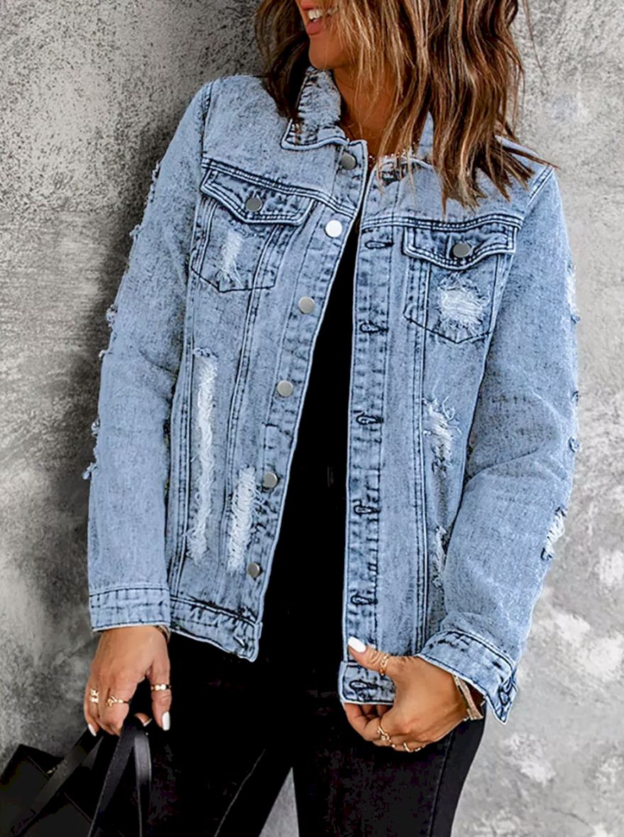 Distressed Buttons Washed Denim Jacket