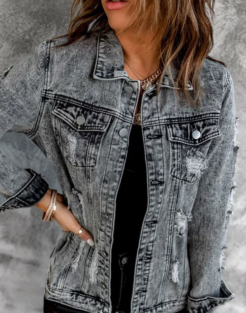 Load image into Gallery viewer, Distressed Buttons Washed Denim Jacket
