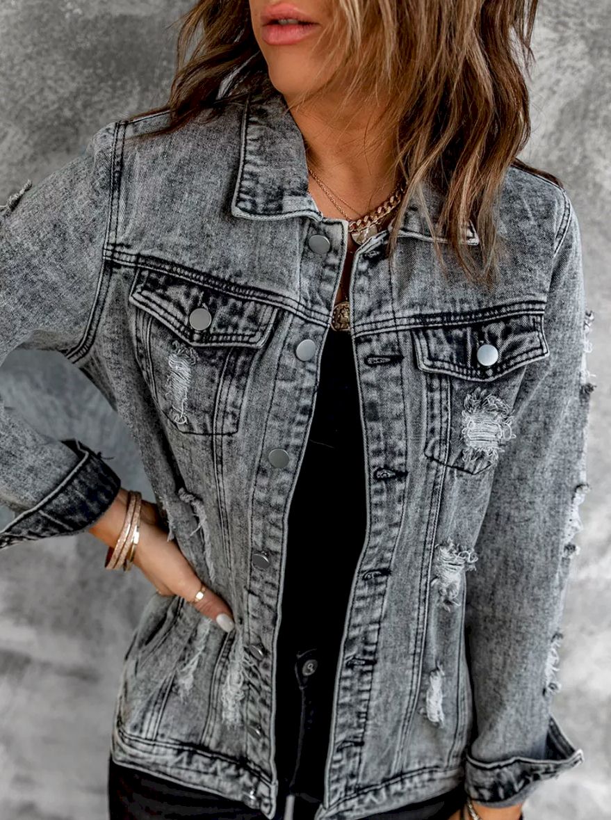 Distressed Buttons Washed Denim Jacket