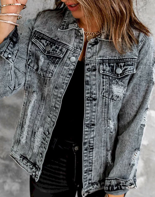 Load image into Gallery viewer, Distressed Buttons Washed Denim Jacket
