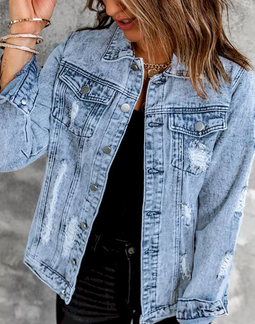 Load image into Gallery viewer, Distressed Buttons Washed Denim Jacket
