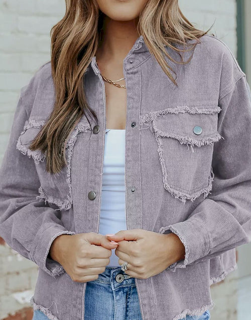 Load image into Gallery viewer, Distressed Flap Pockets Frayed Hemline Denim Jacket
