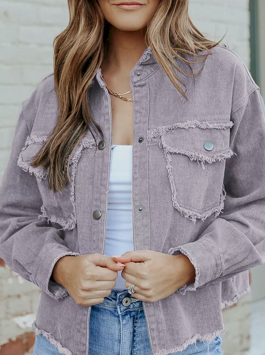 Distressed Flap Pockets Frayed Hemline Denim Jacket