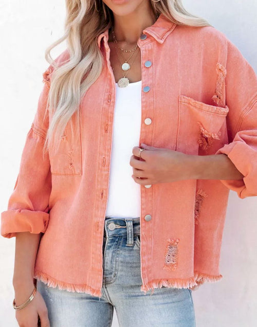 Load image into Gallery viewer, Distressed Fringe Trim Denim Jacket
