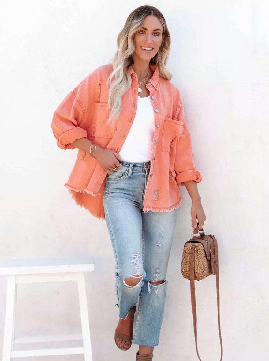 Distressed Fringe Trim Denim Jacket