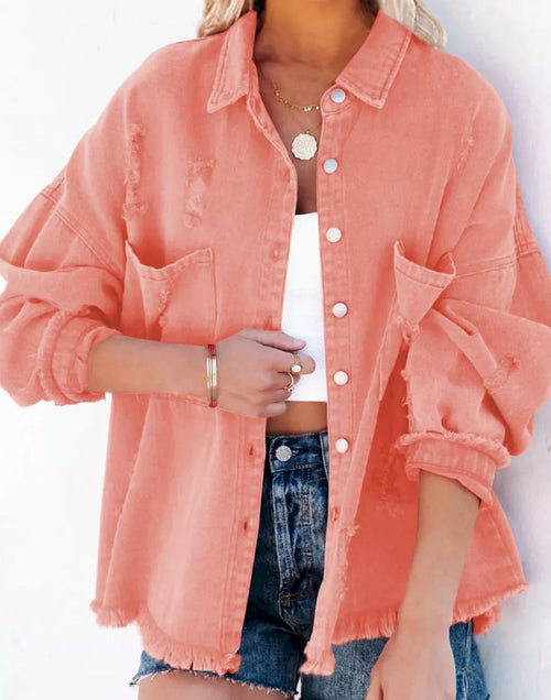 Load image into Gallery viewer, Distressed Fringe Trim Denim Jacket
