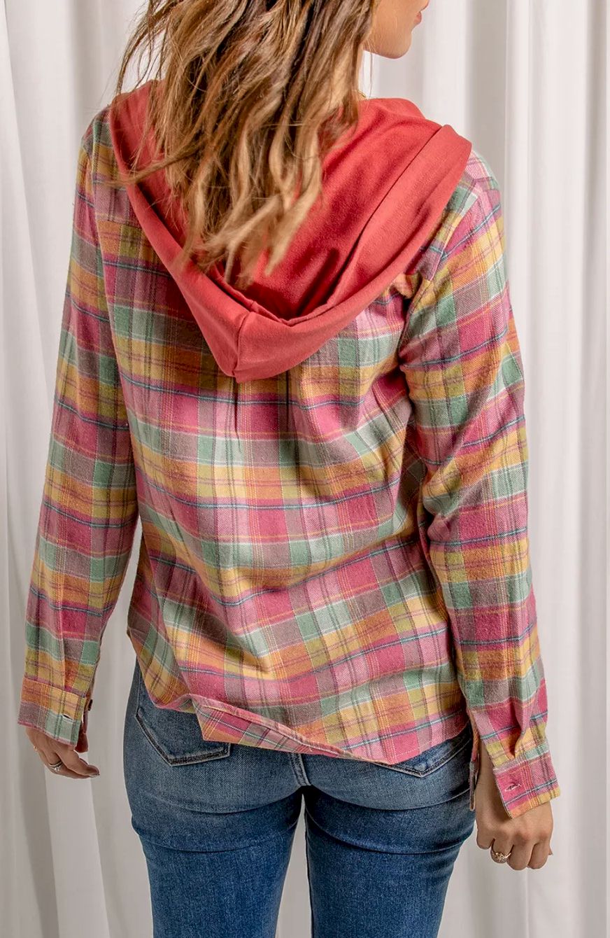 Drawstring Plaid Hooded Shirt Jacket