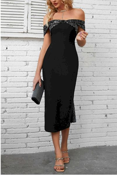 Load image into Gallery viewer, Elegant Off Shoulder Sequin Ribbon Quality Midi  Dress
