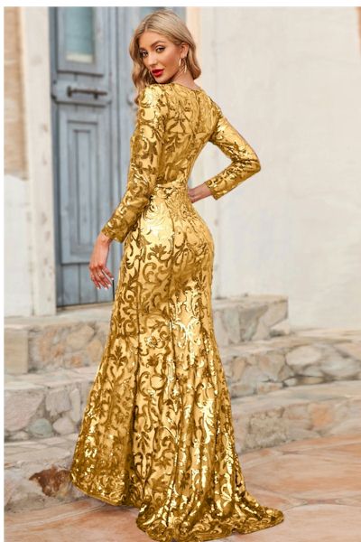 Elegant Sequin Long Sleeves Fishtail Prom Gown     Sizes S to 3XL