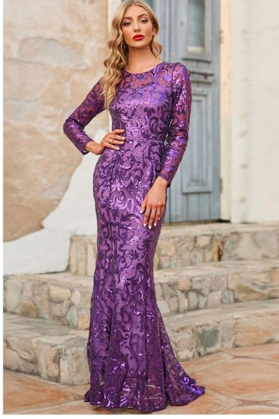 Elegant Sequin Long Sleeves Fishtail Prom Gown     Sizes S to 3XL