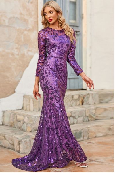 Load image into Gallery viewer, Elegant Sequin Long Sleeves Fishtail Prom Gown     Sizes S to 3XL
