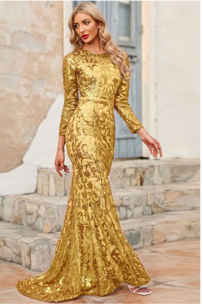 Elegant Sequin Long Sleeves Fishtail Prom Gown     Sizes S to 3XL