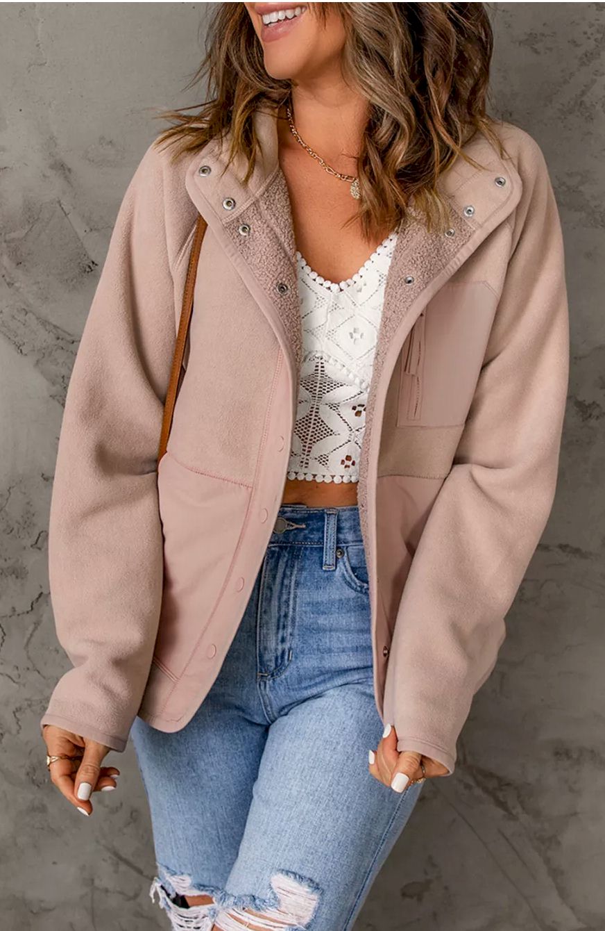 Faux Shearling Lining Snap Button Suede Jacket