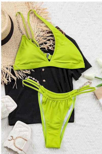 Load image into Gallery viewer, Green Padded One Shoulder Rhinestone Chain Decor Bikini
