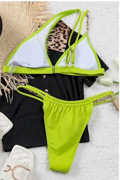 Green Padded One Shoulder Rhinestone Chain Decor Bikini