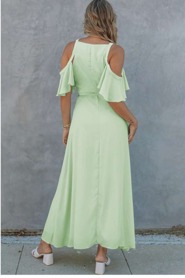 Exquisite Green Cold Shoulder Flutter Sleeves Maxi Dress