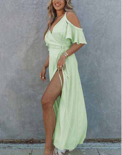 Load image into Gallery viewer, Exquisite Green Cold Shoulder Flutter Sleeves Maxi Dress
