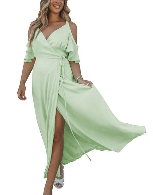 Load image into Gallery viewer, Exquisite Green Cold Shoulder Flutter Sleeves Maxi Dress
