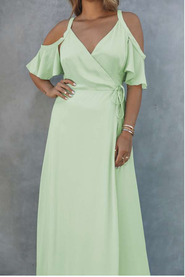 Exquisite Green Cold Shoulder Flutter Sleeves Maxi Dress