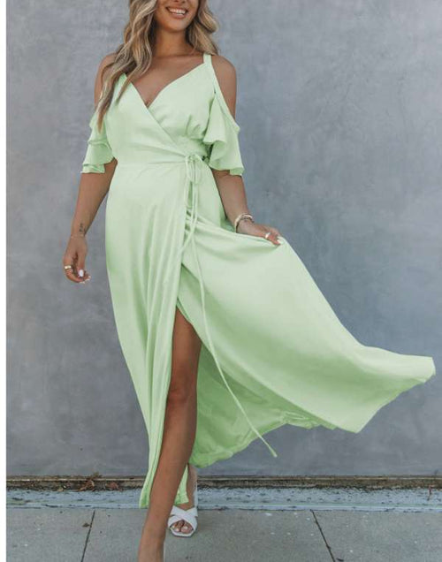 Load image into Gallery viewer, Exquisite Green Cold Shoulder Flutter Sleeves Maxi Dress
