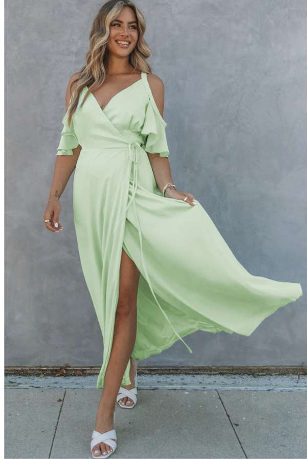 Exquisite Green Cold Shoulder Flutter Sleeves Maxi Dress