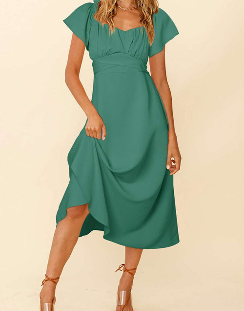 Load image into Gallery viewer, Chic Off-shoulder Smocked Tie Back Midi Dress
