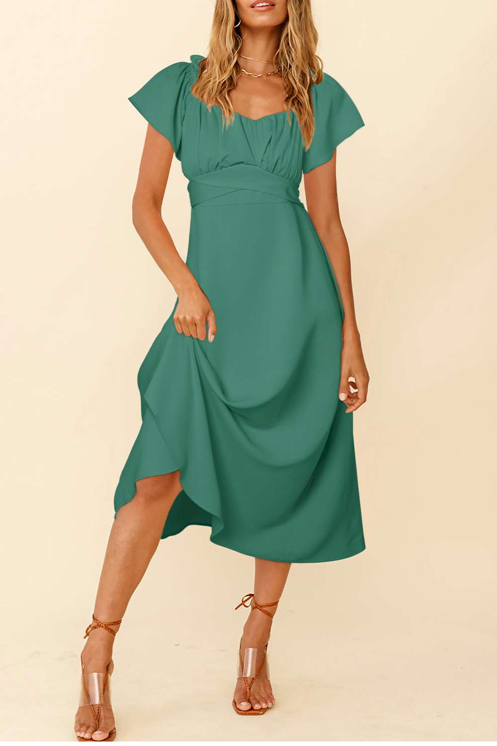 Chic Off-shoulder Smocked Tie Back Midi Dress