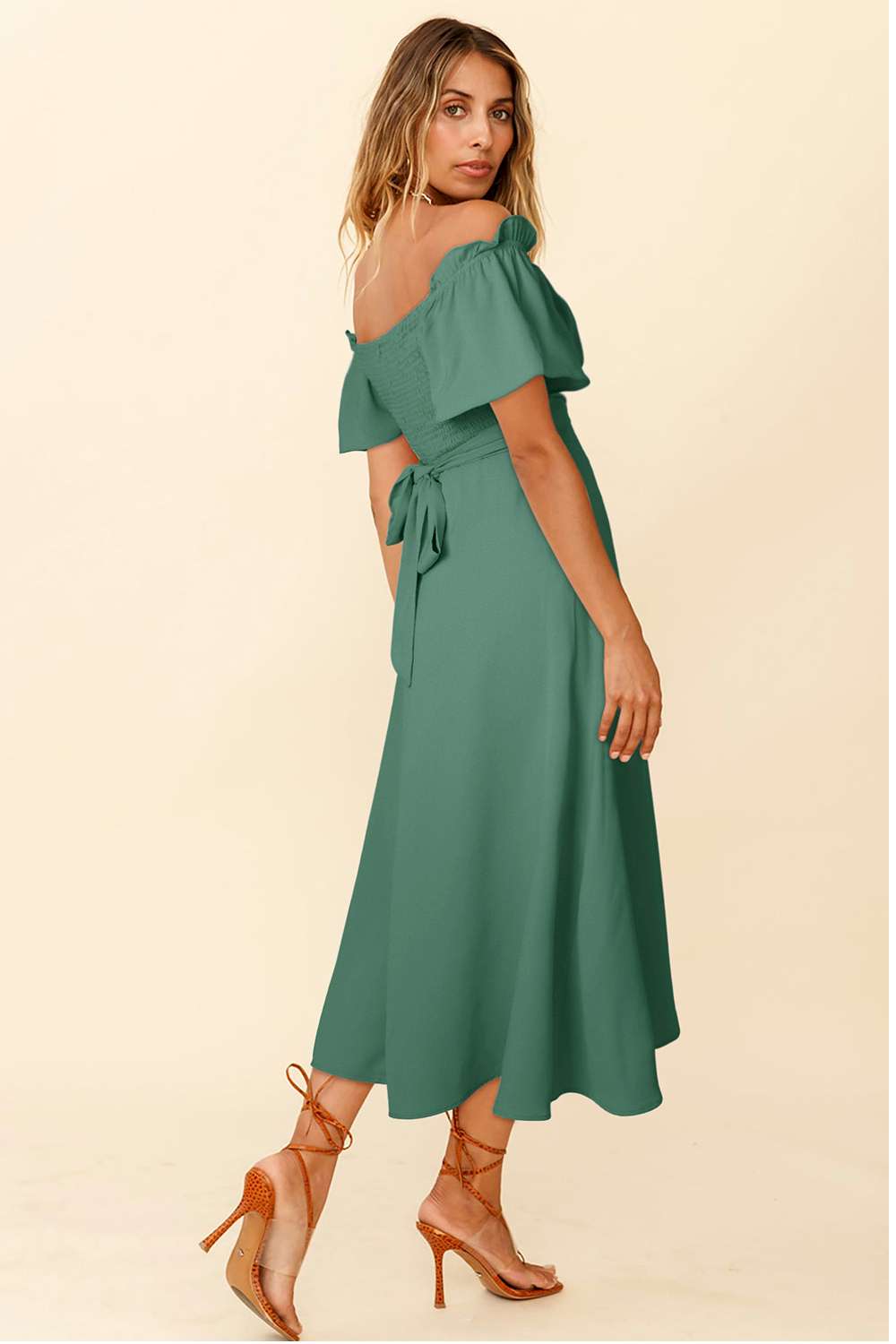 Chic Off-shoulder Smocked Tie Back Midi Dress