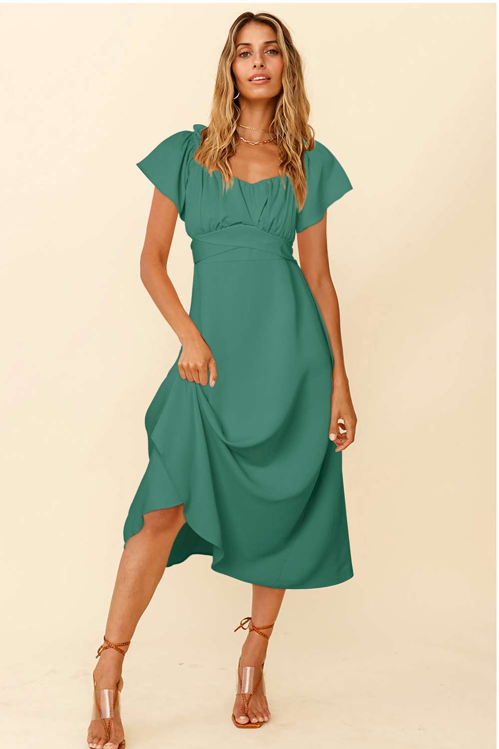 Chic Off-shoulder Smocked Tie Back Midi Dress