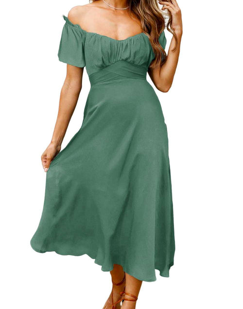 Load image into Gallery viewer, Chic Off-shoulder Smocked Tie Back Midi Dress
