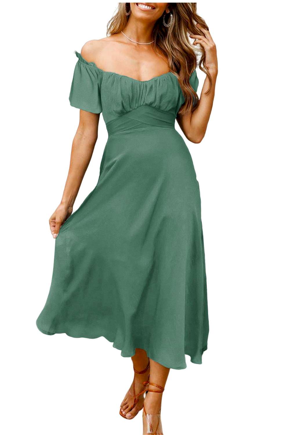 Chic Off-shoulder Smocked Tie Back Midi Dress