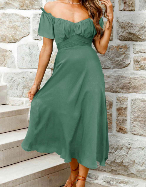 Load image into Gallery viewer, Chic Off-shoulder Smocked Tie Back Midi Dress
