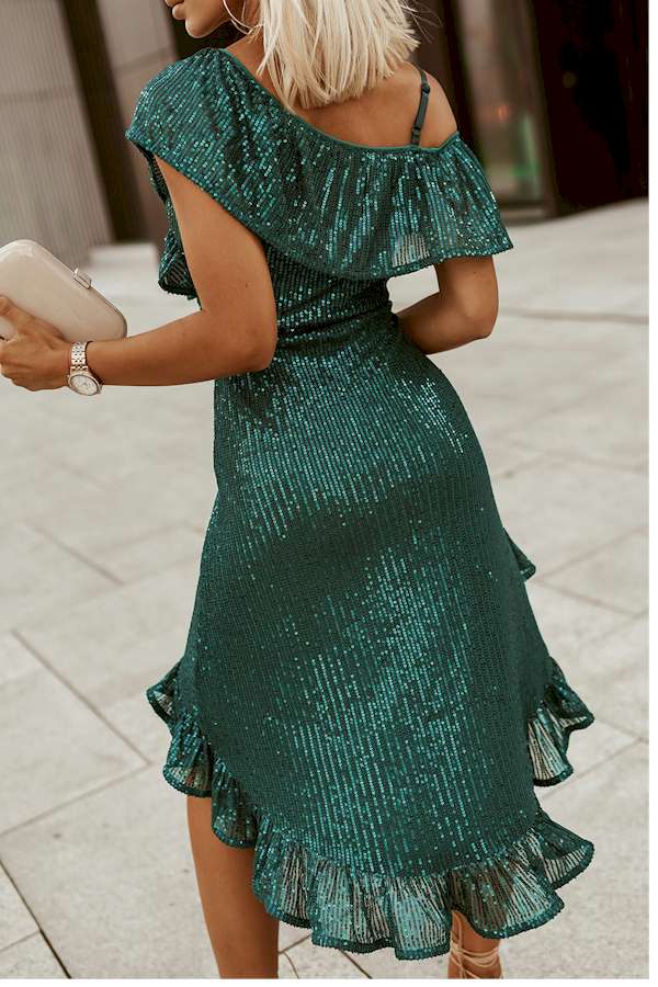 One-Shoulder Sling Ruffled Sequin Dress