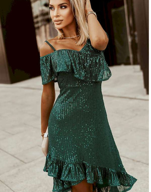 Load image into Gallery viewer, One-Shoulder Sling Ruffled Sequin Dress
