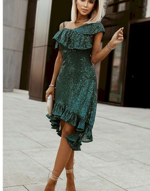 Load image into Gallery viewer, One-Shoulder Sling Ruffled Sequin Dress
