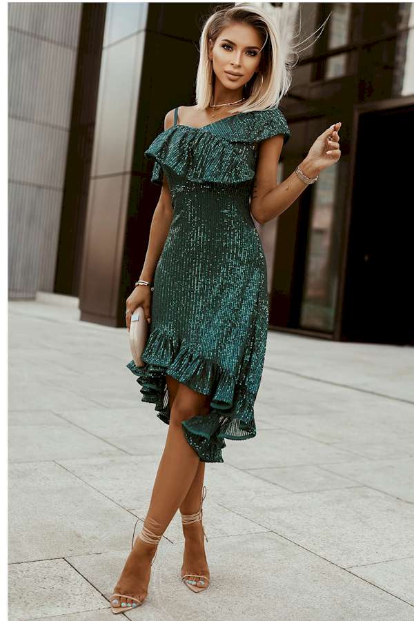 One-Shoulder Sling Ruffled Sequin Dress