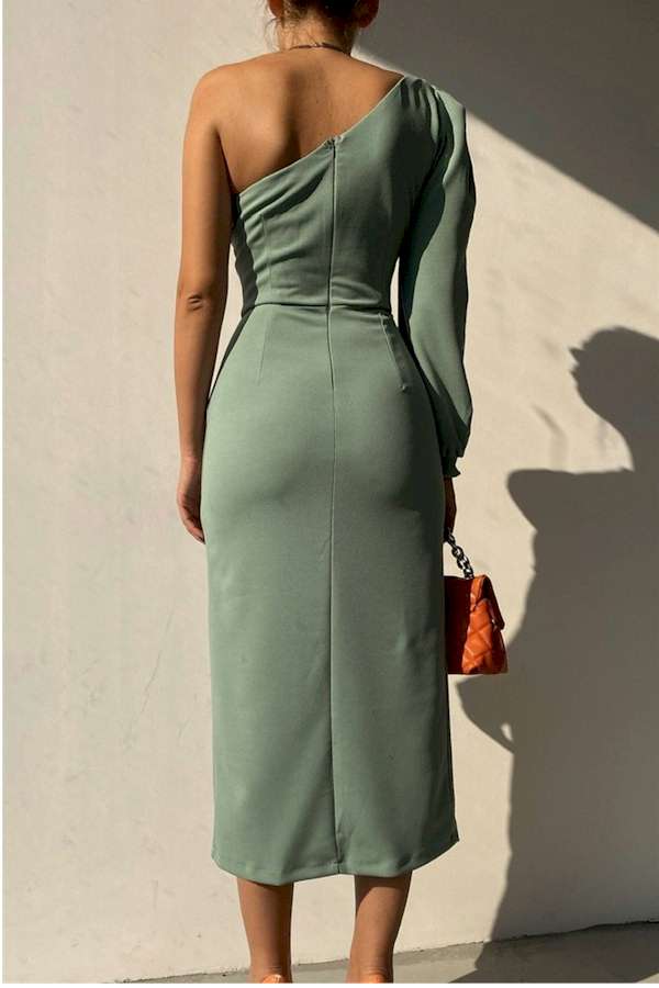 Green One Shoulder Puff Sleeve Sexy Splited Midi Dress