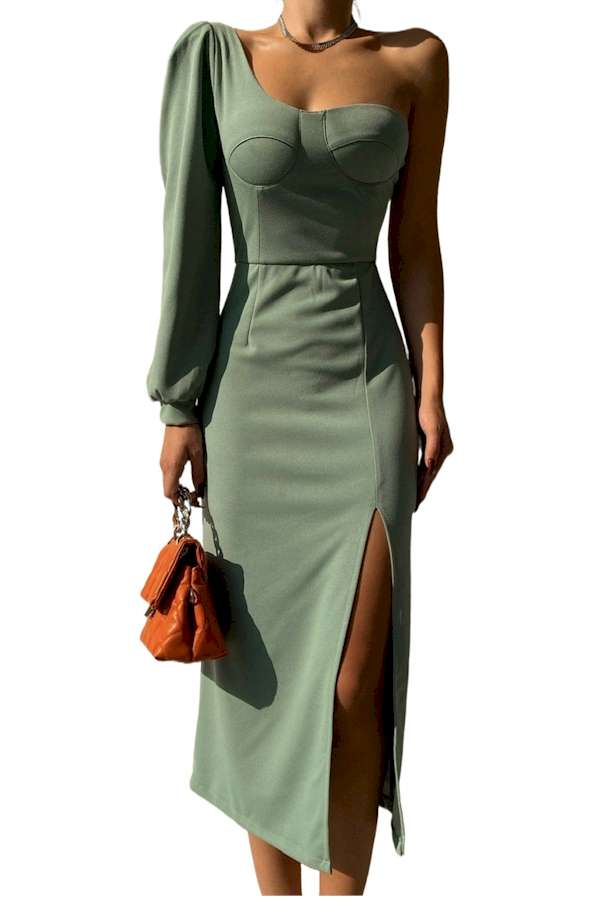 Green One Shoulder Puff Sleeve Sexy Splited Midi Dress