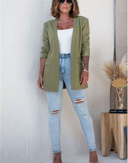 Load image into Gallery viewer, Green Open Front Flap Detail Blazer
