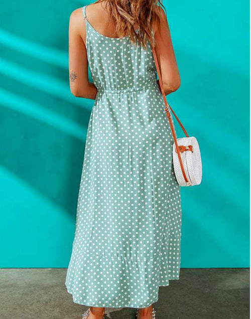 Load image into Gallery viewer, Green Polka Dot Print Split Buttoned V Neck Maxi Dress
