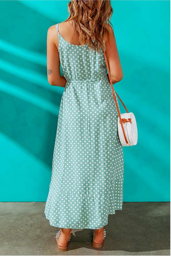 Green Polka Dot Print Split Buttoned V Neck Maxi Dress