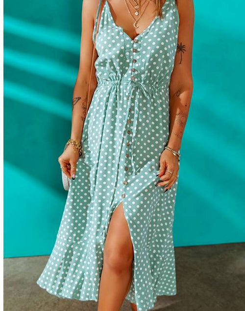 Load image into Gallery viewer, Green Polka Dot Print Split Buttoned V Neck Maxi Dress
