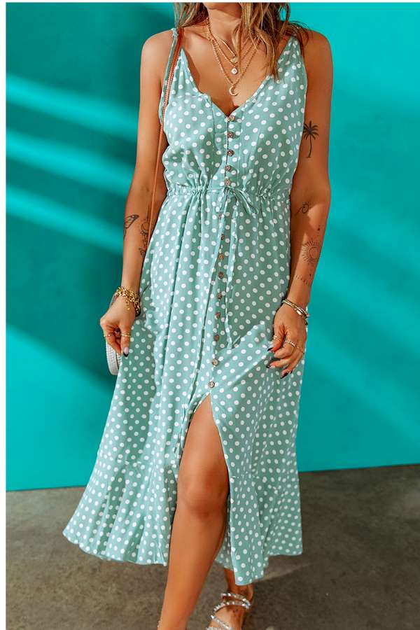 Green Polka Dot Print Split Buttoned V Neck Maxi Dress