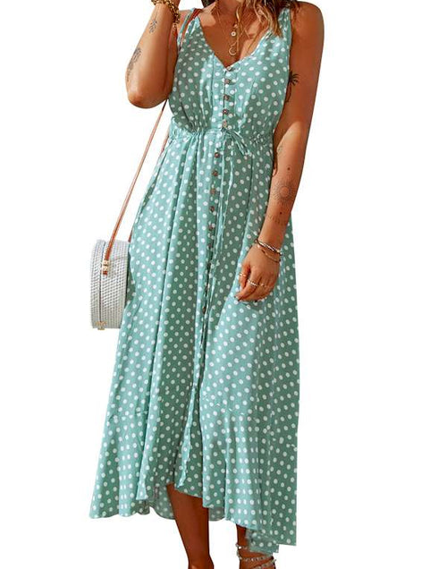 Load image into Gallery viewer, Green Polka Dot Print Split Buttoned V Neck Maxi Dress
