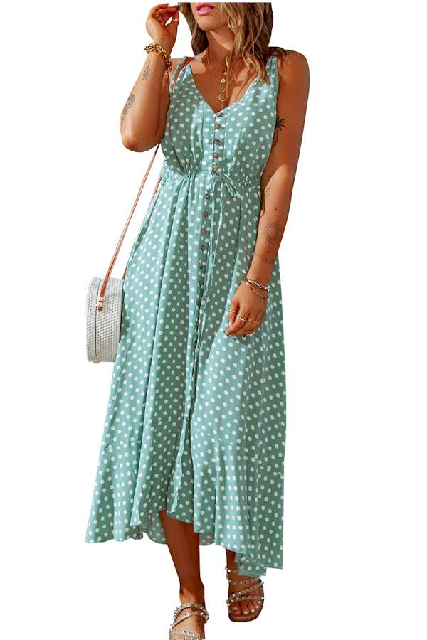 Green Polka Dot Print Split Buttoned V Neck Maxi Dress