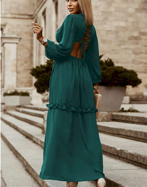 Load image into Gallery viewer, Chic Ruffled Deep V Lace up Back Maxi Dress
