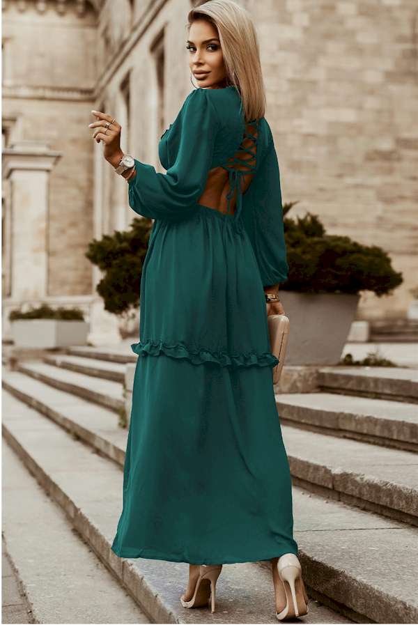 Chic Ruffled Deep V Lace up Back Maxi Dress